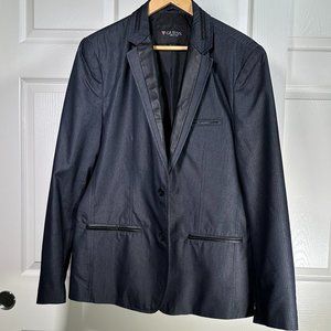 Guess Men's Navy Blue Blazer Sport Coat with Black Leather Collar  - Large